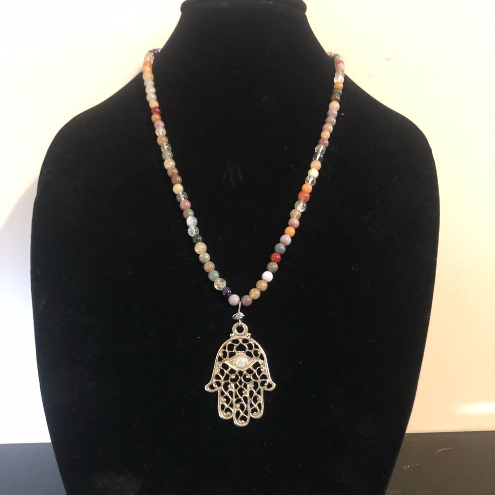 Large silver hamsa pendant with multicolor agate bead necklace